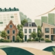 Illustratie: Woningen met een kalender en grafiek voor huurprijsaanpassingen.
